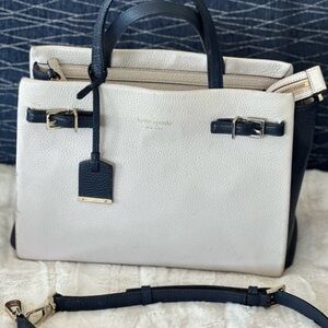 Kate Spade medium satchel in cream and navy blue leather.